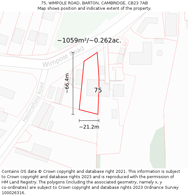 75, WIMPOLE ROAD, BARTON, CAMBRIDGE, CB23 7AB: Plot and title map