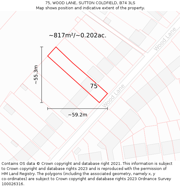 75, WOOD LANE, SUTTON COLDFIELD, B74 3LS: Plot and title map