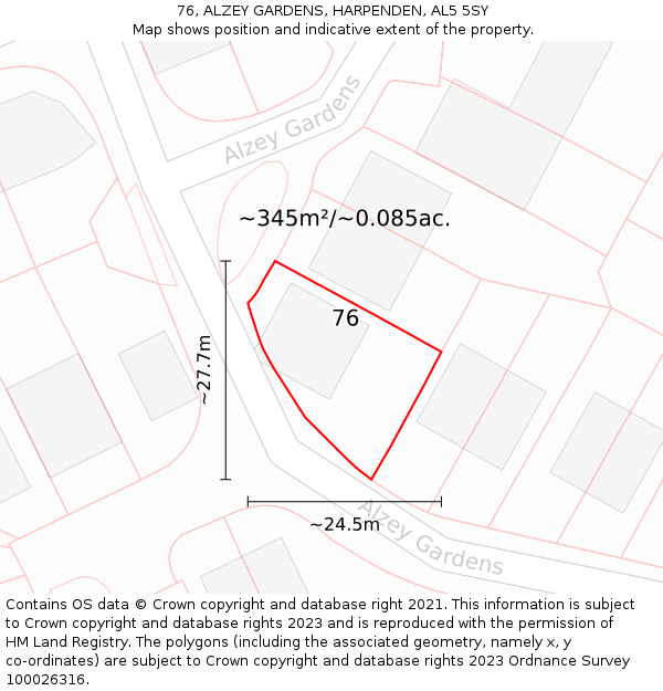 76, ALZEY GARDENS, HARPENDEN, AL5 5SY: Plot and title map