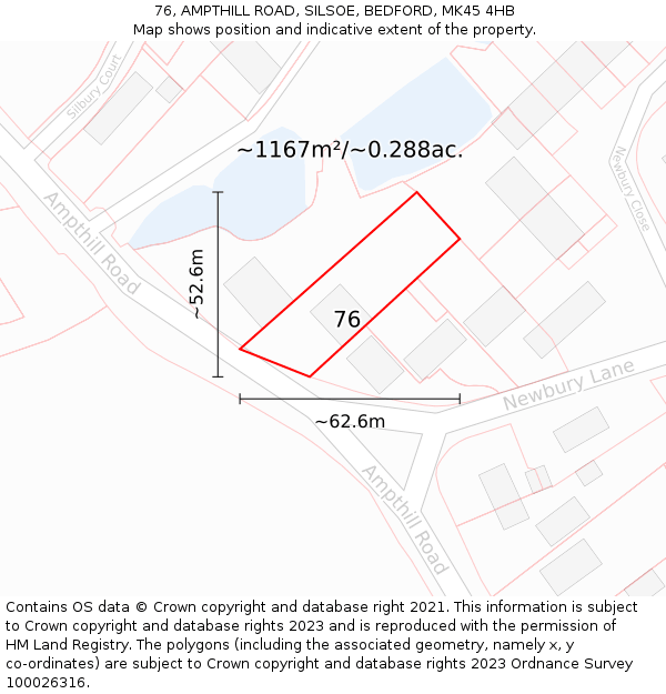 76, AMPTHILL ROAD, SILSOE, BEDFORD, MK45 4HB: Plot and title map