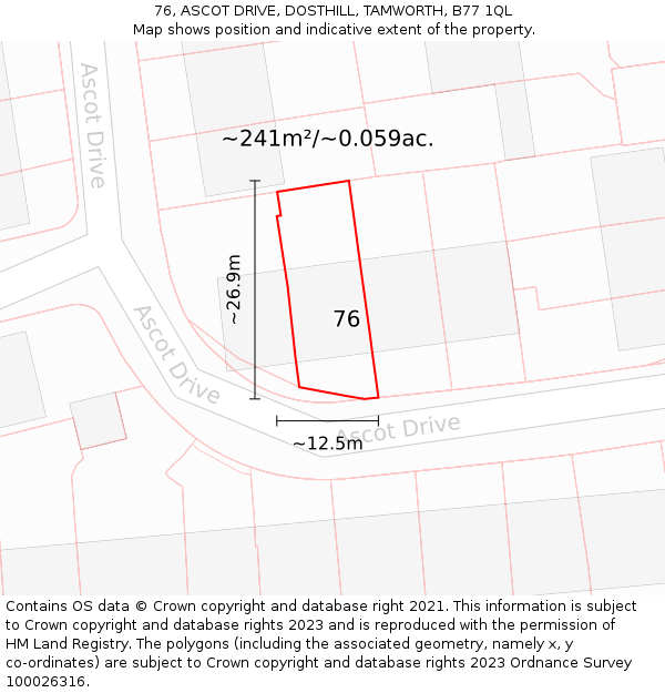 76, ASCOT DRIVE, DOSTHILL, TAMWORTH, B77 1QL: Plot and title map