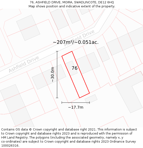 76, ASHFIELD DRIVE, MOIRA, SWADLINCOTE, DE12 6HQ: Plot and title map
