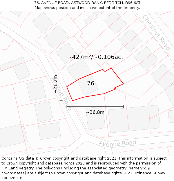 76, AVENUE ROAD, ASTWOOD BANK, REDDITCH, B96 6AT: Plot and title map