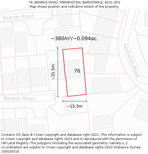 76, BEARDS ROAD, FREMINGTON, BARNSTAPLE, EX31 2PG: Plot and title map