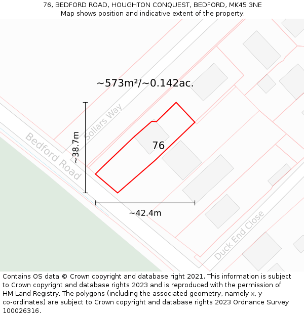 76, BEDFORD ROAD, HOUGHTON CONQUEST, BEDFORD, MK45 3NE: Plot and title map