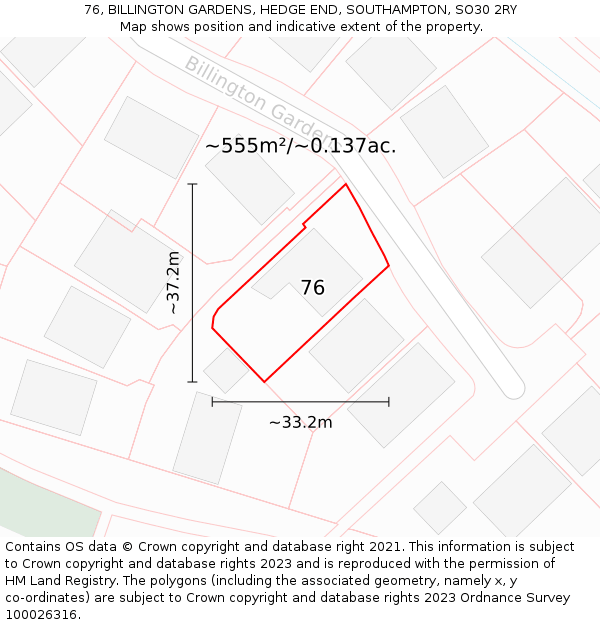 76, BILLINGTON GARDENS, HEDGE END, SOUTHAMPTON, SO30 2RY: Plot and title map