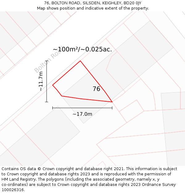 76, BOLTON ROAD, SILSDEN, KEIGHLEY, BD20 0JY: Plot and title map