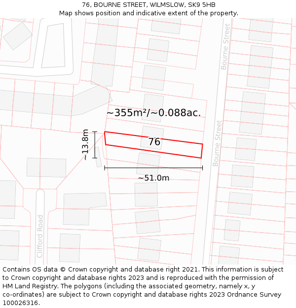 76, BOURNE STREET, WILMSLOW, SK9 5HB: Plot and title map