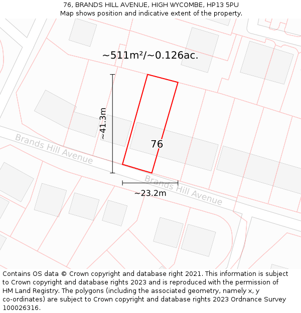 76, BRANDS HILL AVENUE, HIGH WYCOMBE, HP13 5PU: Plot and title map