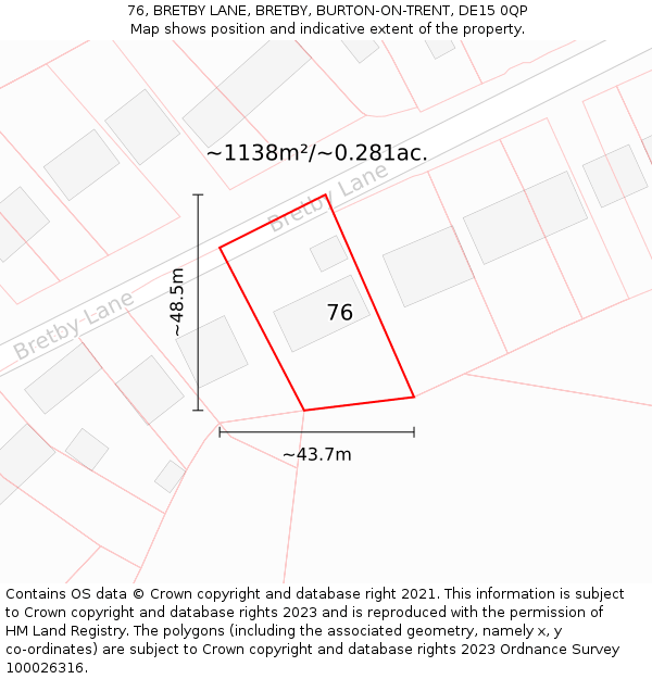 76, BRETBY LANE, BRETBY, BURTON-ON-TRENT, DE15 0QP: Plot and title map