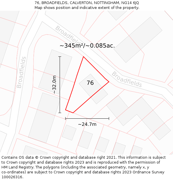 76, BROADFIELDS, CALVERTON, NOTTINGHAM, NG14 6JQ: Plot and title map
