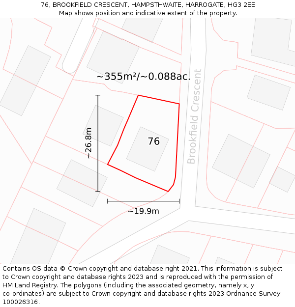 76, BROOKFIELD CRESCENT, HAMPSTHWAITE, HARROGATE, HG3 2EE: Plot and title map