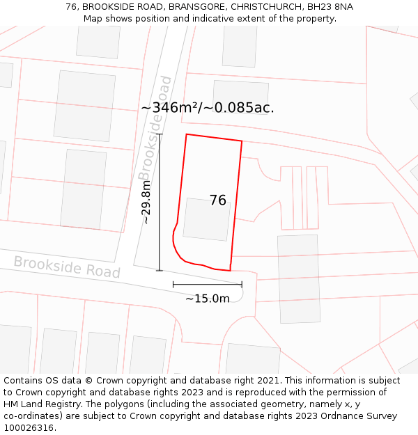76, BROOKSIDE ROAD, BRANSGORE, CHRISTCHURCH, BH23 8NA: Plot and title map