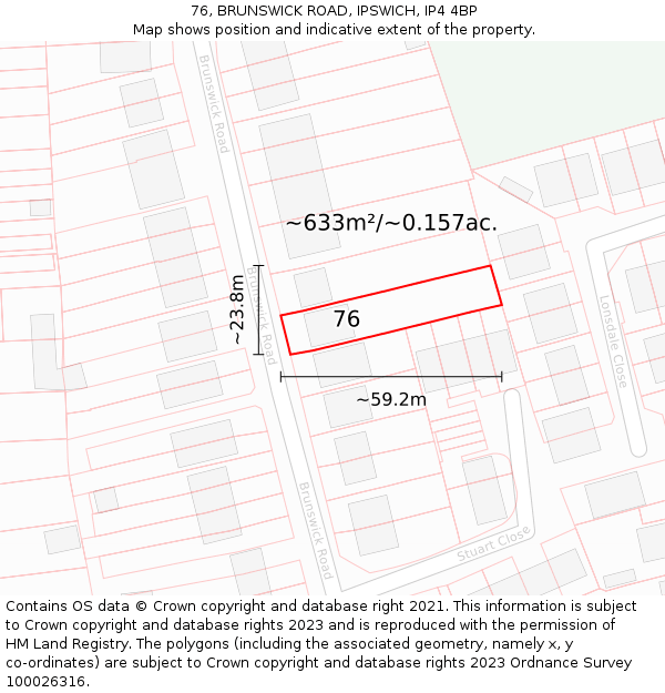76, BRUNSWICK ROAD, IPSWICH, IP4 4BP: Plot and title map