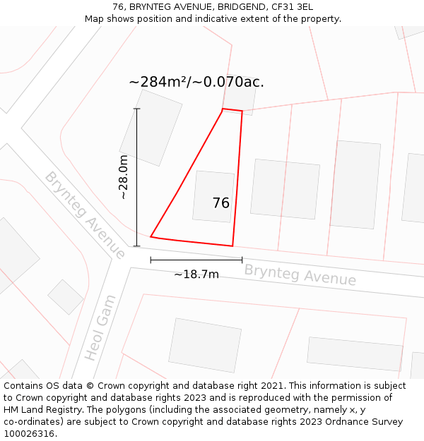 76, BRYNTEG AVENUE, BRIDGEND, CF31 3EL: Plot and title map
