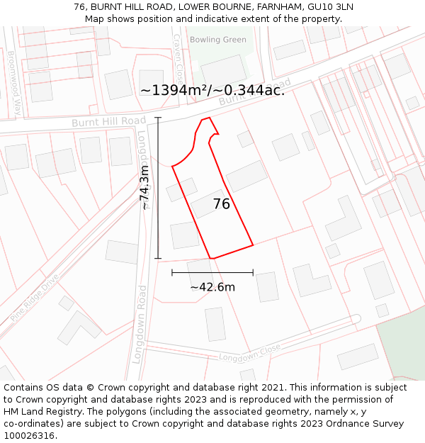 76, BURNT HILL ROAD, LOWER BOURNE, FARNHAM, GU10 3LN: Plot and title map