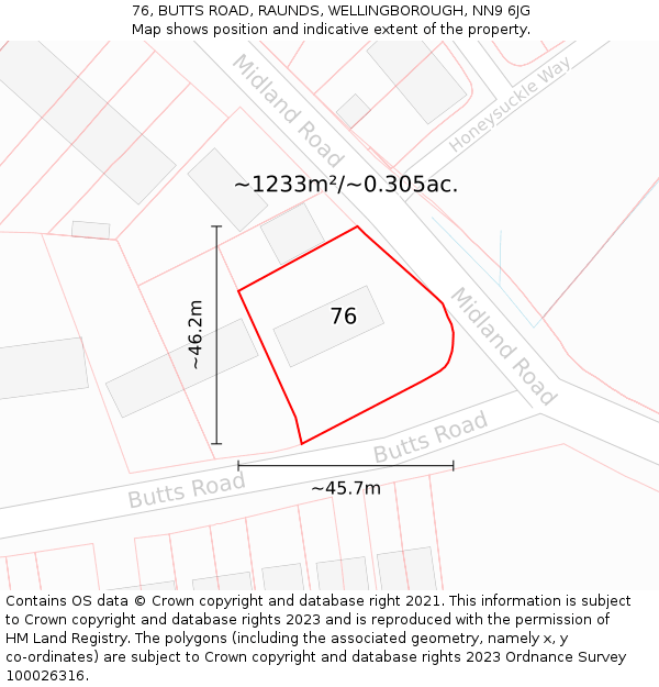 76, BUTTS ROAD, RAUNDS, WELLINGBOROUGH, NN9 6JG: Plot and title map