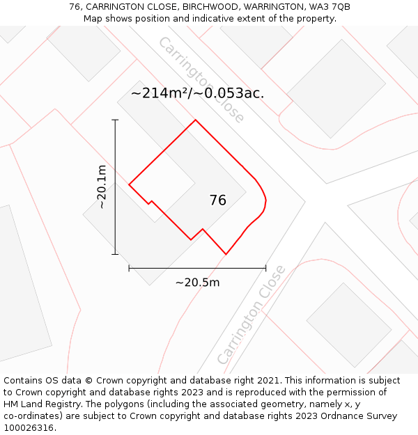 76, CARRINGTON CLOSE, BIRCHWOOD, WARRINGTON, WA3 7QB: Plot and title map
