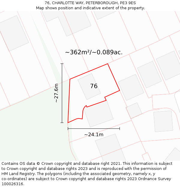 76, CHARLOTTE WAY, PETERBOROUGH, PE3 9ES: Plot and title map