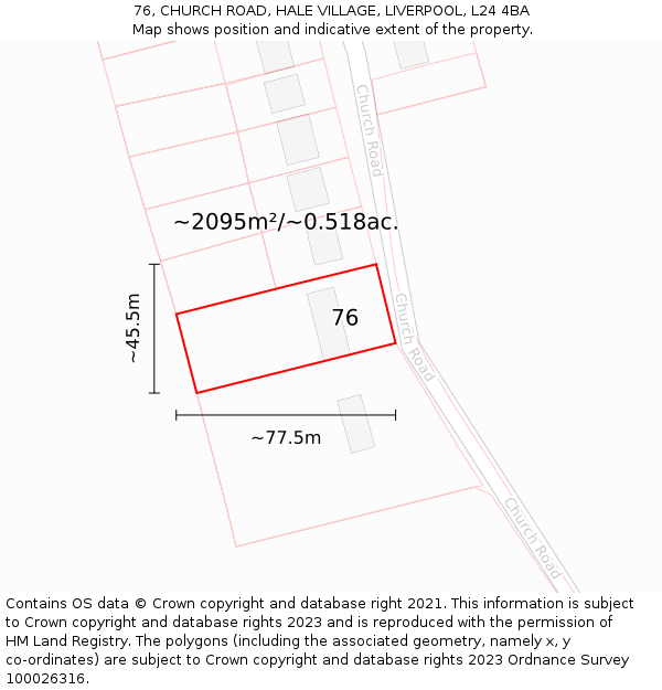 76, CHURCH ROAD, HALE VILLAGE, LIVERPOOL, L24 4BA: Plot and title map