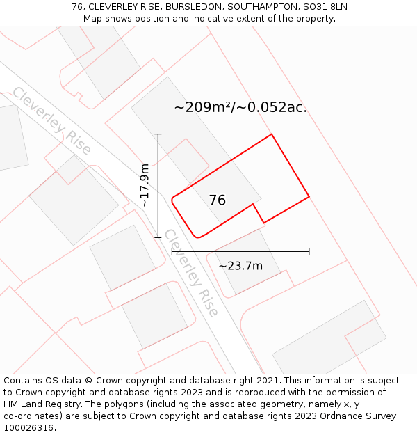 76, CLEVERLEY RISE, BURSLEDON, SOUTHAMPTON, SO31 8LN: Plot and title map