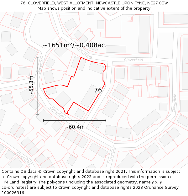 76, CLOVERFIELD, WEST ALLOTMENT, NEWCASTLE UPON TYNE, NE27 0BW: Plot and title map