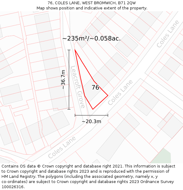 76, COLES LANE, WEST BROMWICH, B71 2QW: Plot and title map