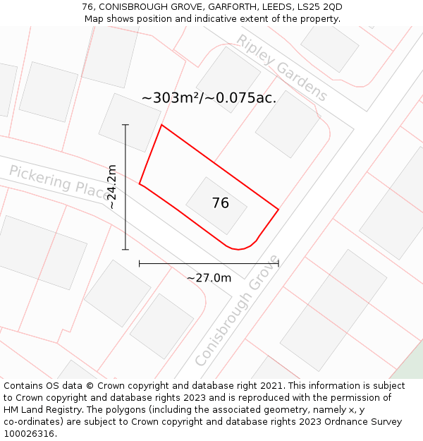 76, CONISBROUGH GROVE, GARFORTH, LEEDS, LS25 2QD: Plot and title map