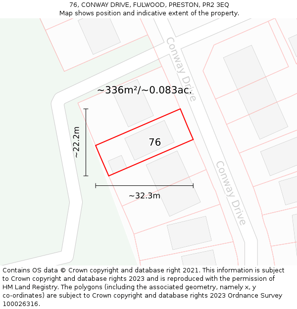 76, CONWAY DRIVE, FULWOOD, PRESTON, PR2 3EQ: Plot and title map