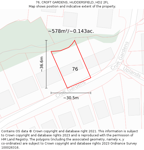 76, CROFT GARDENS, HUDDERSFIELD, HD2 2FL: Plot and title map