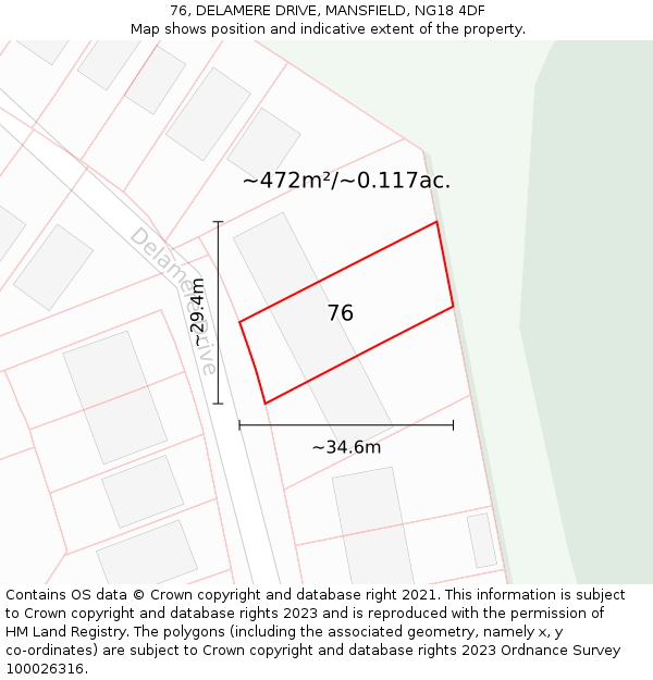 76, DELAMERE DRIVE, MANSFIELD, NG18 4DF: Plot and title map