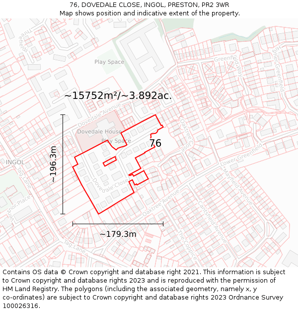 76, DOVEDALE CLOSE, INGOL, PRESTON, PR2 3WR: Plot and title map