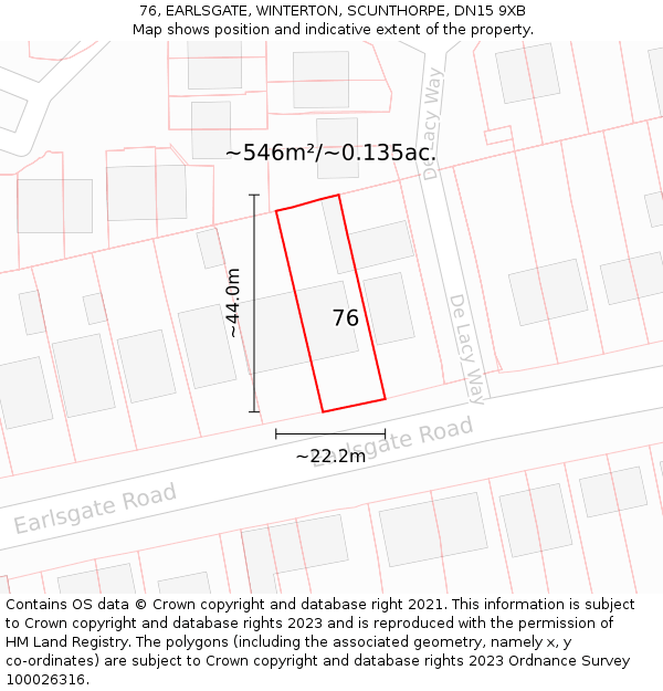 76, EARLSGATE, WINTERTON, SCUNTHORPE, DN15 9XB: Plot and title map