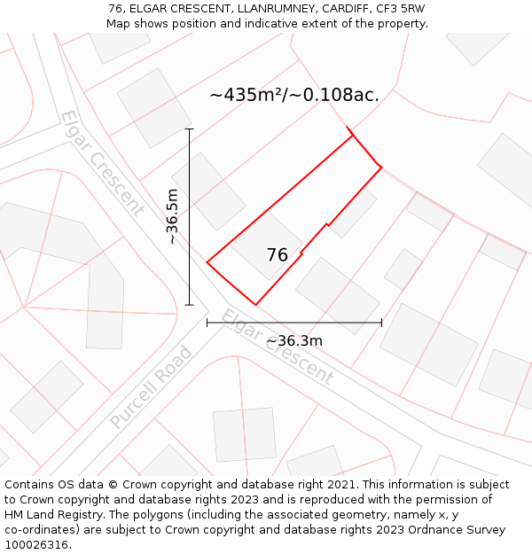 76, ELGAR CRESCENT, LLANRUMNEY, CARDIFF, CF3 5RW: Plot and title map