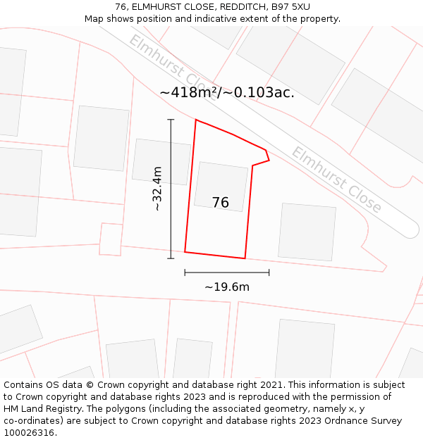 76, ELMHURST CLOSE, REDDITCH, B97 5XU: Plot and title map