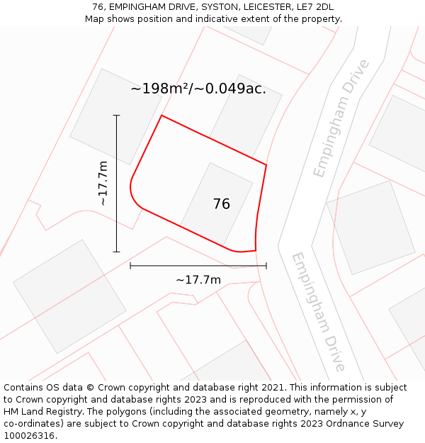76, EMPINGHAM DRIVE, SYSTON, LEICESTER, LE7 2DL: Plot and title map