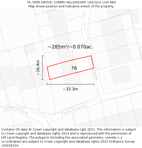 76, FERN GROVE, CHERRY WILLINGHAM, LINCOLN, LN3 4BG: Plot and title map