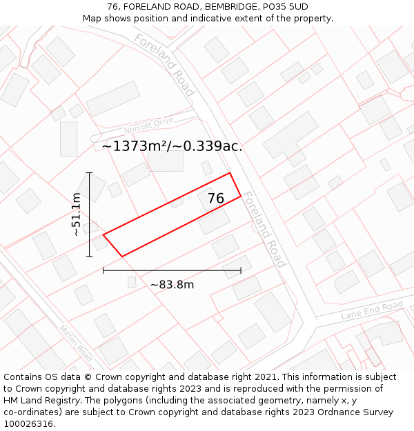 76, FORELAND ROAD, BEMBRIDGE, PO35 5UD: Plot and title map