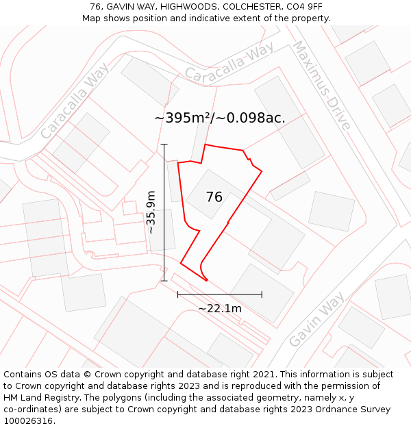 76, GAVIN WAY, HIGHWOODS, COLCHESTER, CO4 9FF: Plot and title map