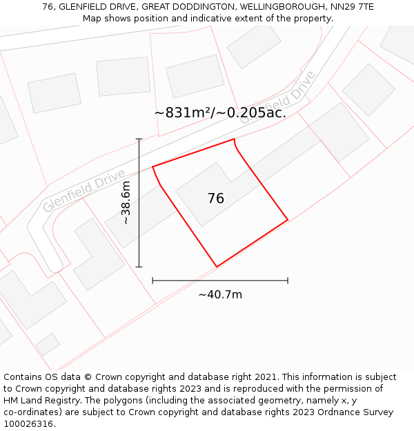 76, GLENFIELD DRIVE, GREAT DODDINGTON, WELLINGBOROUGH, NN29 7TE: Plot and title map
