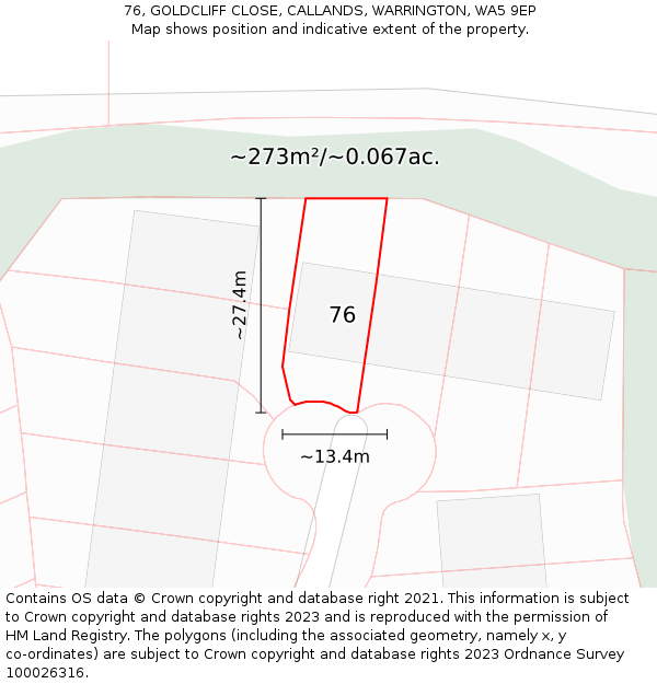 76, GOLDCLIFF CLOSE, CALLANDS, WARRINGTON, WA5 9EP: Plot and title map