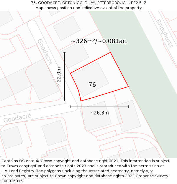 76, GOODACRE, ORTON GOLDHAY, PETERBOROUGH, PE2 5LZ: Plot and title map