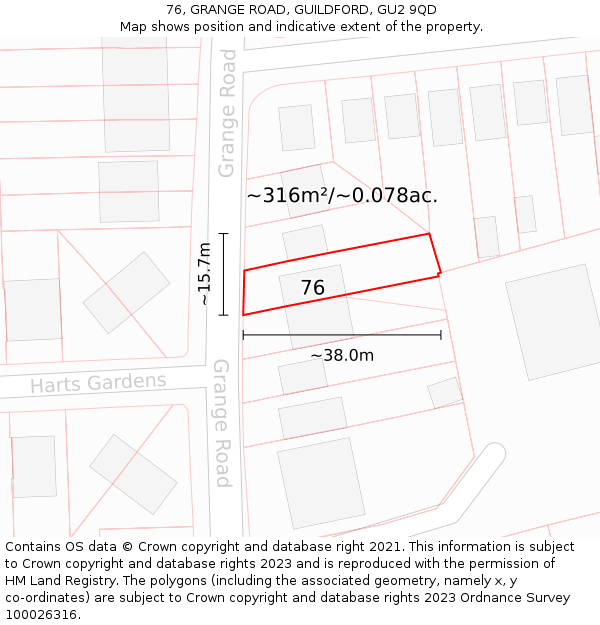 76, GRANGE ROAD, GUILDFORD, GU2 9QD: Plot and title map