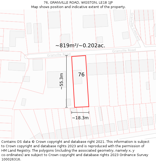 76, GRANVILLE ROAD, WIGSTON, LE18 1JP: Plot and title map