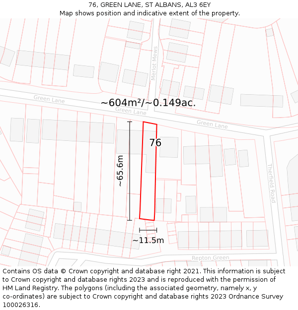 76, GREEN LANE, ST ALBANS, AL3 6EY: Plot and title map