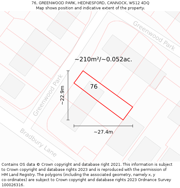 76, GREENWOOD PARK, HEDNESFORD, CANNOCK, WS12 4DQ: Plot and title map