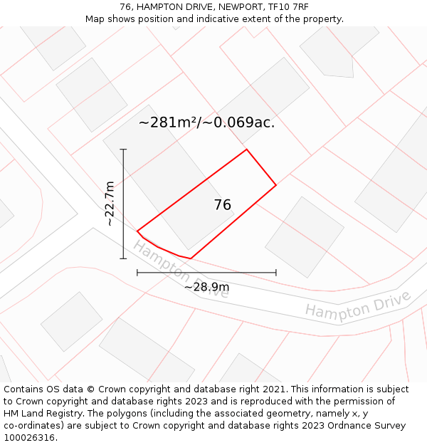 76, HAMPTON DRIVE, NEWPORT, TF10 7RF: Plot and title map