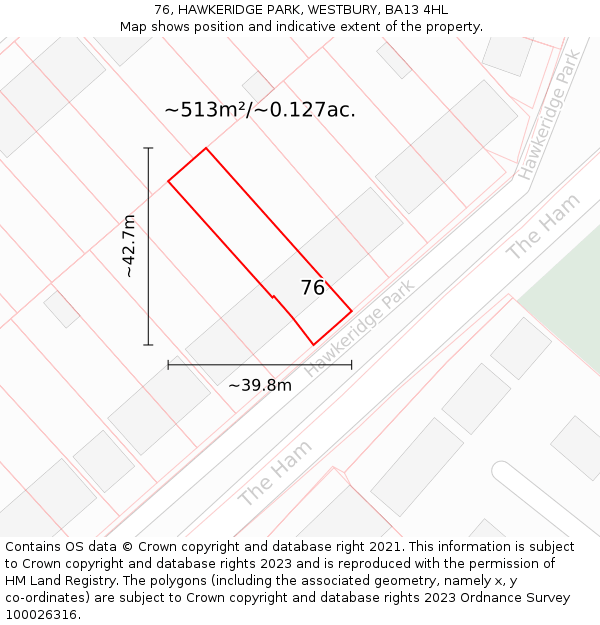 76, HAWKERIDGE PARK, WESTBURY, BA13 4HL: Plot and title map