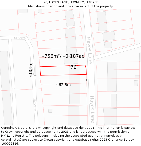 76, HAYES LANE, BROMLEY, BR2 9EE: Plot and title map