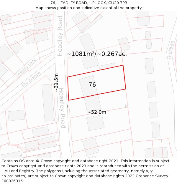 76, HEADLEY ROAD, LIPHOOK, GU30 7PR: Plot and title map